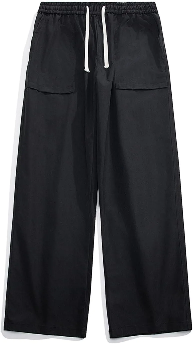 Mens Wide Leg Chino Pants Loose Fit Elastic Waist Drawstring Cargo Pants with Multi Pockets Open Bottom Comfort Sweatpants