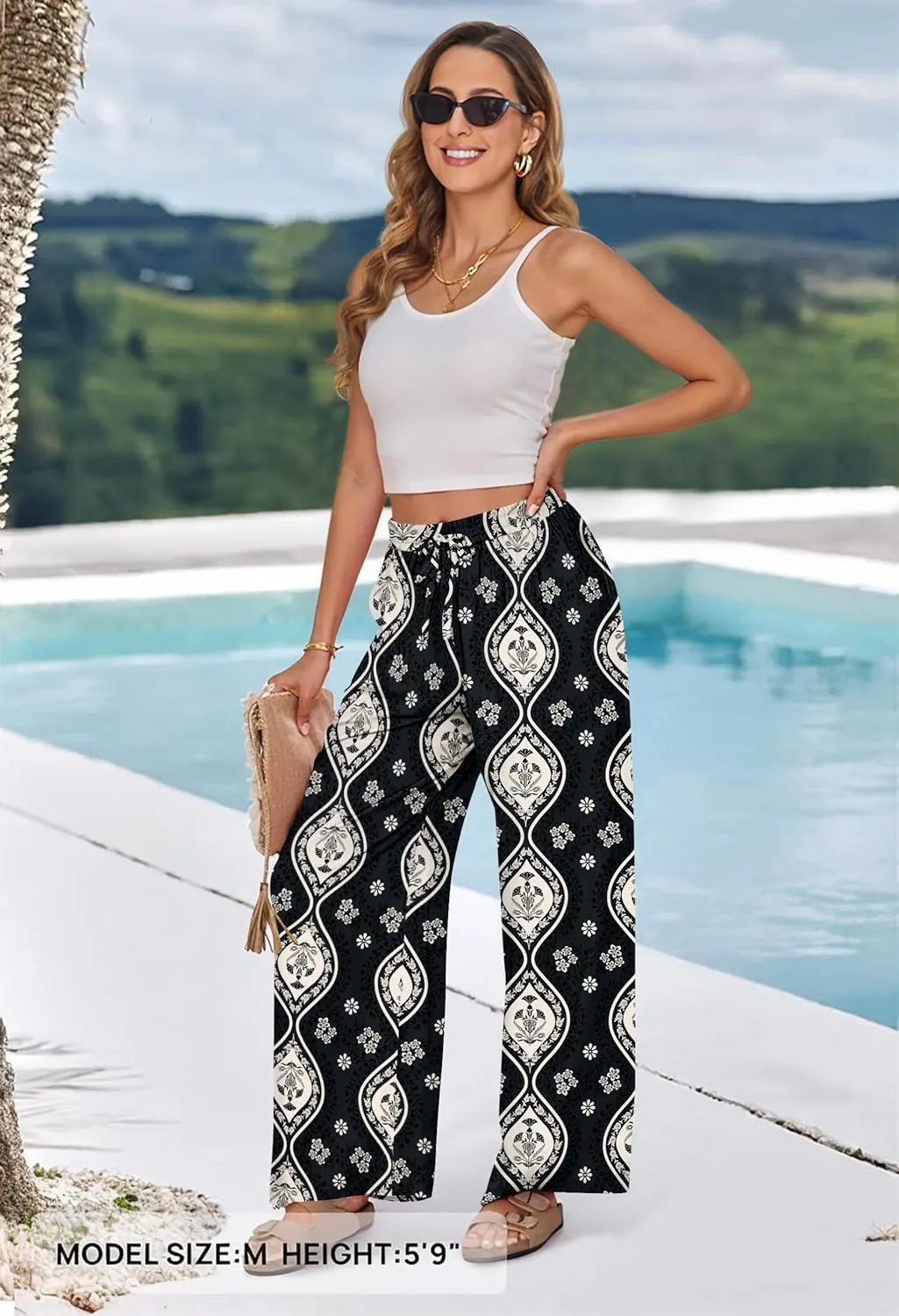 MEROKEETY Women's Striped Floral Wide Leg Pants Drawstring Elastic High Waist Casual Pants with Pockets