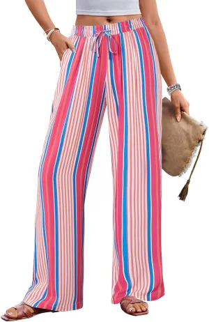 MEROKEETY Women's Striped Floral Wide Leg Pants Drawstring Elastic High Waist Casual Pants with Pockets