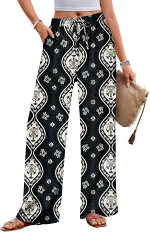 MEROKEETY Women's Striped Floral Wide Leg Pants Drawstring Elastic High Waist Casual Pants with Pockets