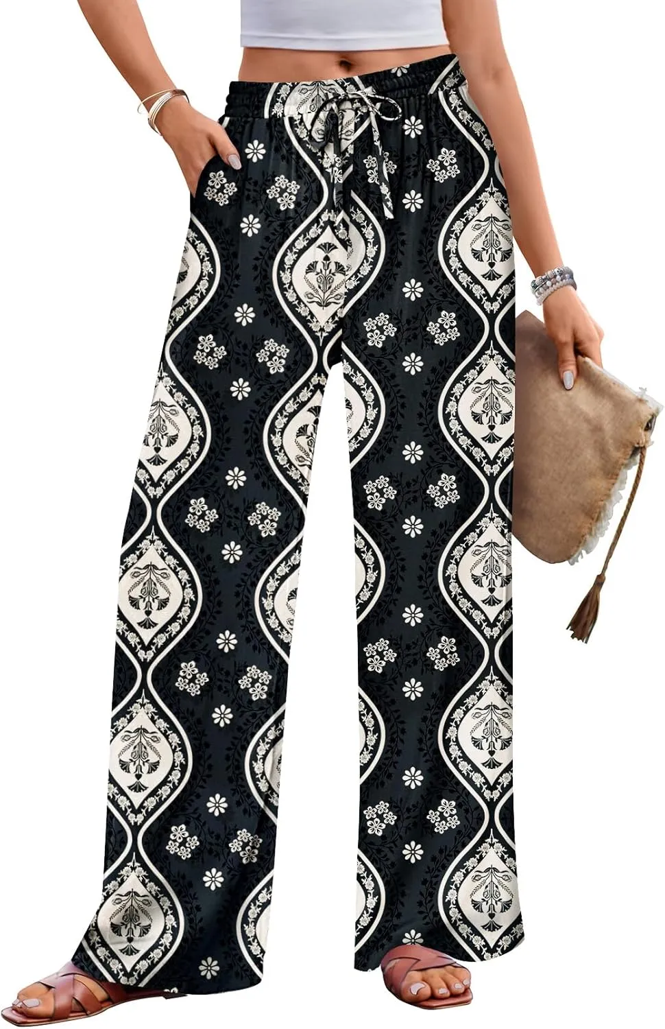 MEROKEETY Women's Striped Floral Wide Leg Pants Drawstring Elastic High Waist Casual Pants with Pockets