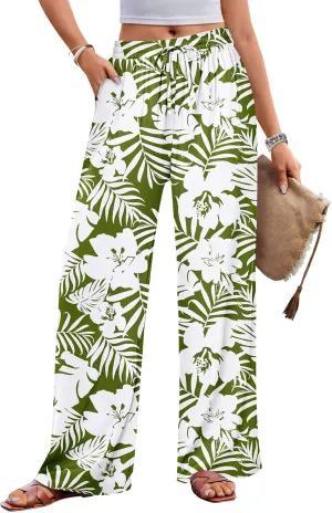 MEROKEETY Women's Striped Floral Wide Leg Pants Drawstring Elastic High Waist Casual Pants with Pockets