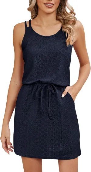 midelxp Summer Sundresses for Women Hollow Out Swimsuit Cover Up Beach Dresses Spaghetti Strap Lace Up Jacquard Tank Dress