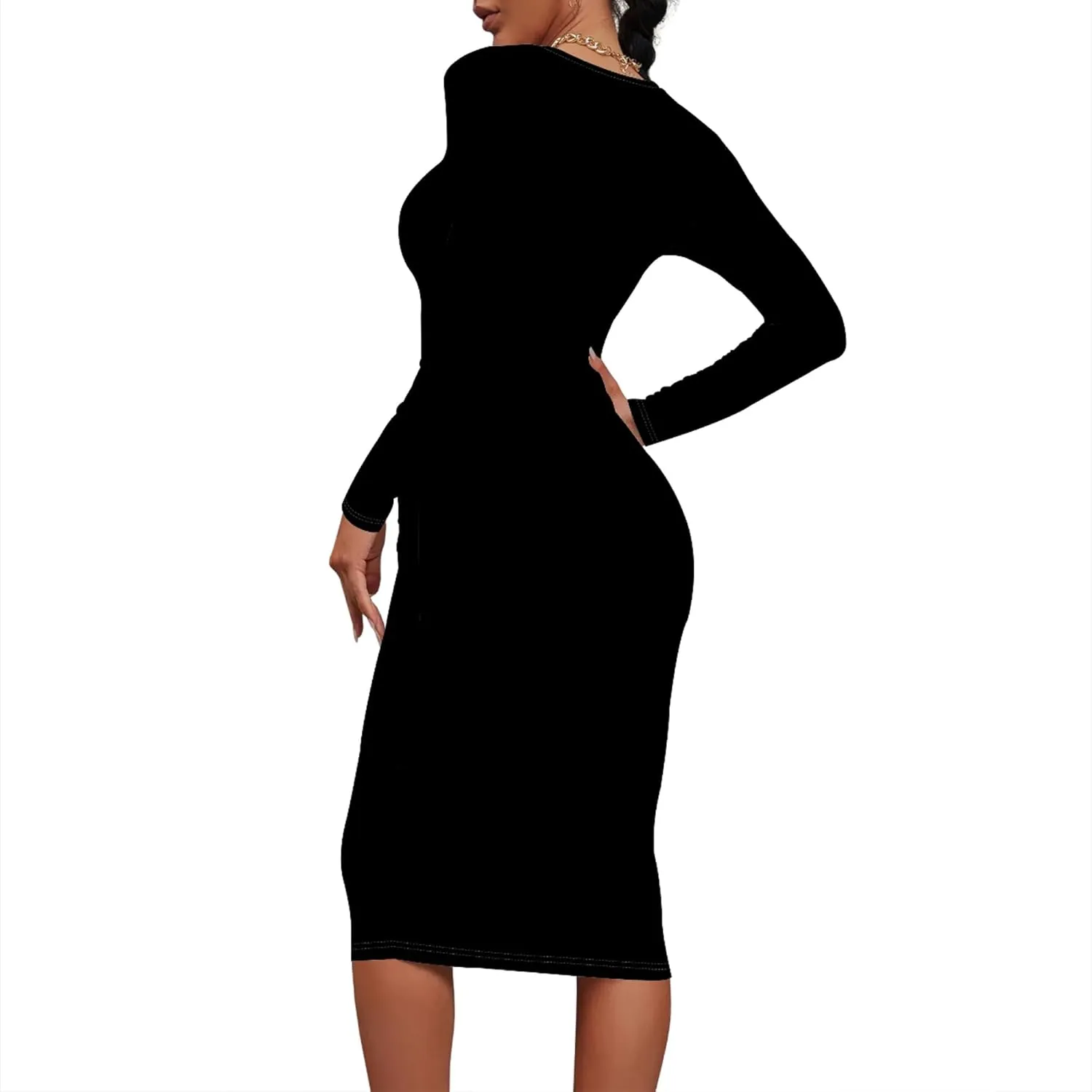 Midi Dresses for Women Casual Long Sleeve Round Neck Slim Fit Sexy Ruched Wrap Basic Pencil Above Knee Party Cocktail Dress
