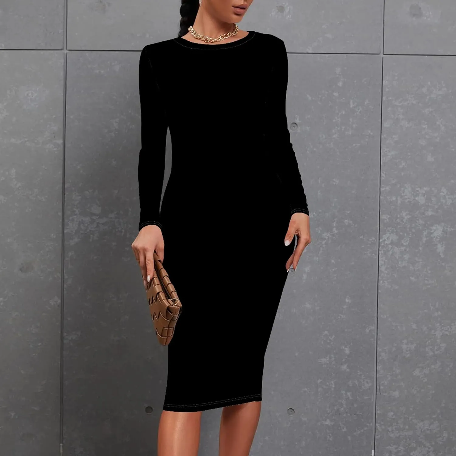 Midi Dresses for Women Casual Long Sleeve Round Neck Slim Fit Sexy Ruched Wrap Basic Pencil Above Knee Party Cocktail Dress