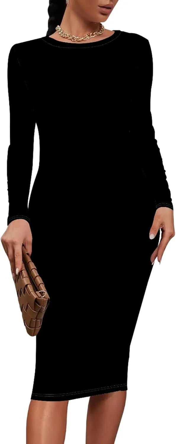 Midi Dresses for Women Casual Long Sleeve Round Neck Slim Fit Sexy Ruched Wrap Basic Pencil Above Knee Party Cocktail Dress