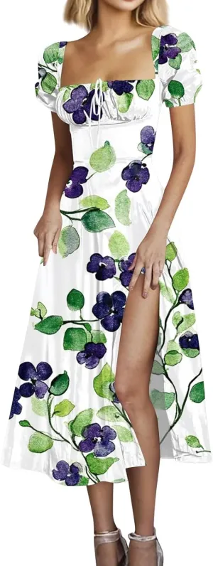 Midi Dresses for Women Summer Puff Sleeve Square Neck A Line Floral Dress for Wedding Ruched High Waist Split Dresses