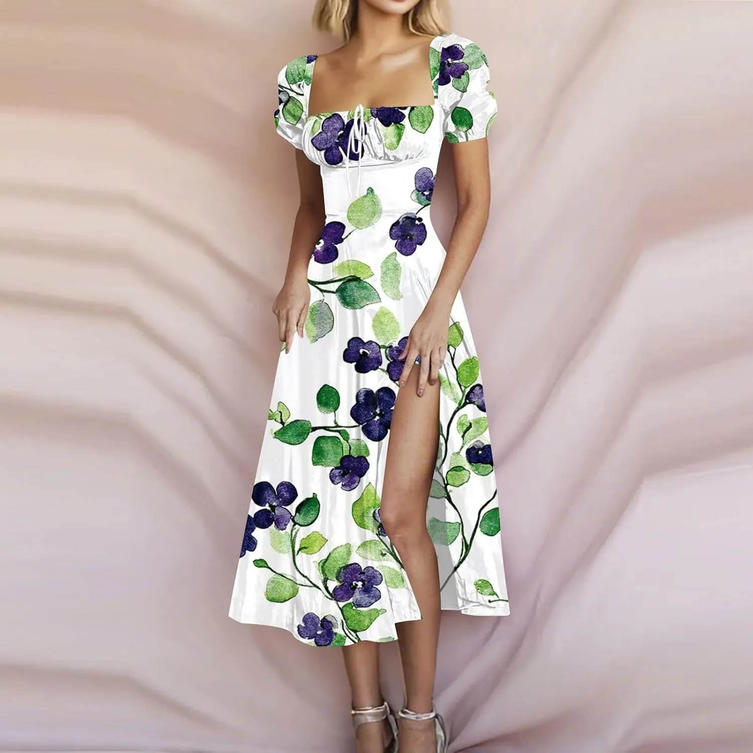 Midi Dresses for Women Summer Puff Sleeve Square Neck A Line Floral Dress for Wedding Ruched High Waist Split Dresses