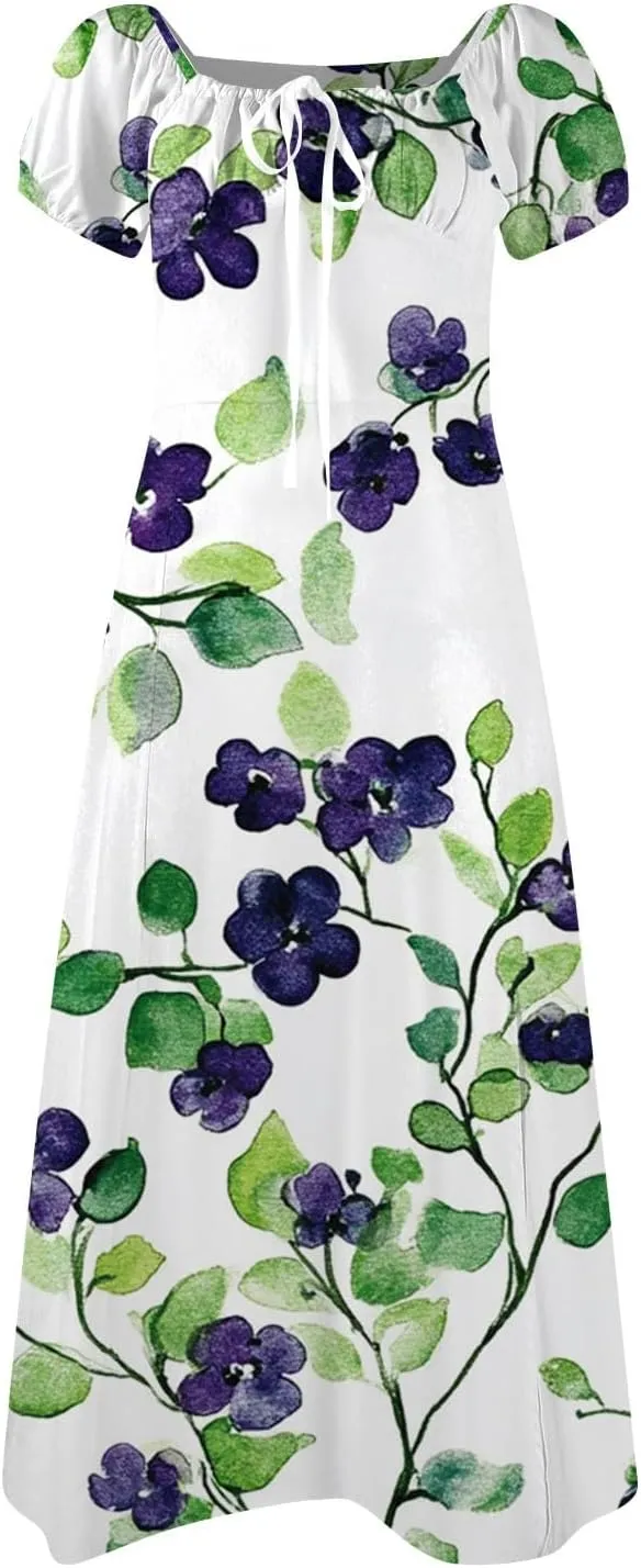 Midi Dresses for Women Summer Puff Sleeve Square Neck A Line Floral Dress for Wedding Ruched High Waist Split Dresses