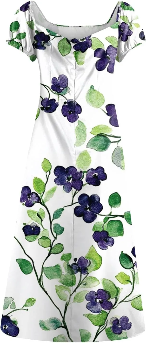 Midi Dresses for Women Summer Puff Sleeve Square Neck A Line Floral Dress for Wedding Ruched High Waist Split Dresses