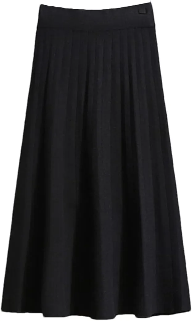 Midi Pleated Knitted Skirt Women Knee Length A Line High Waist Skirt Female Ladies