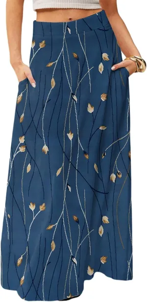 Midi Skirts for Women Summer High Waisted Pleated A-Line Swing Floral Long with Pockets