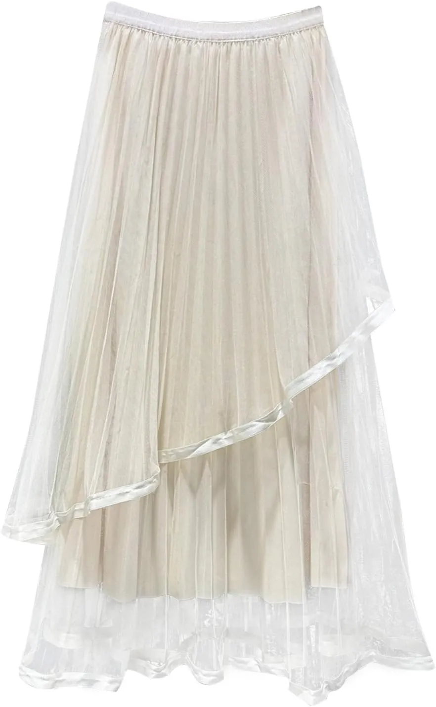 Midi Skirts for Women Women's High Waist Three Flower Mesh Skirt Design Sense of Irregular Fairy Pleated Skirt A