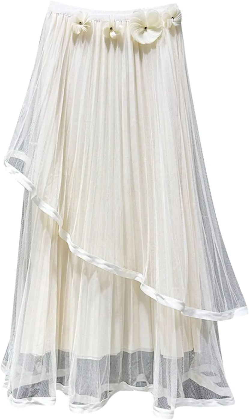 Midi Skirts for Women Women's High Waist Three Flower Mesh Skirt Design Sense of Irregular Fairy Pleated Skirt A