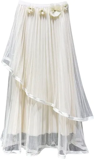 Midi Skirts for Women Women's High Waist Three Flower Mesh Skirt Design Sense of Irregular Fairy Pleated Skirt A