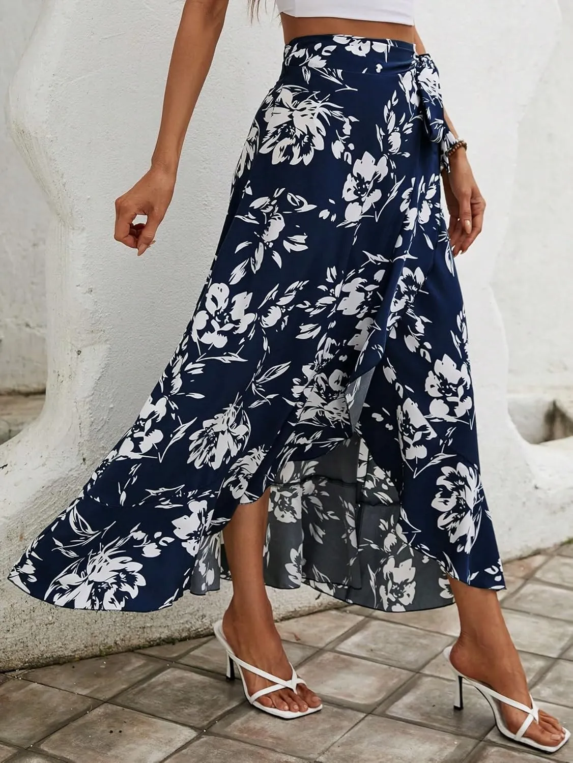 Milumia Women's Boho Floral Print Knot Side Split Wrap Flowy High Waisted Long Maxi Skirt