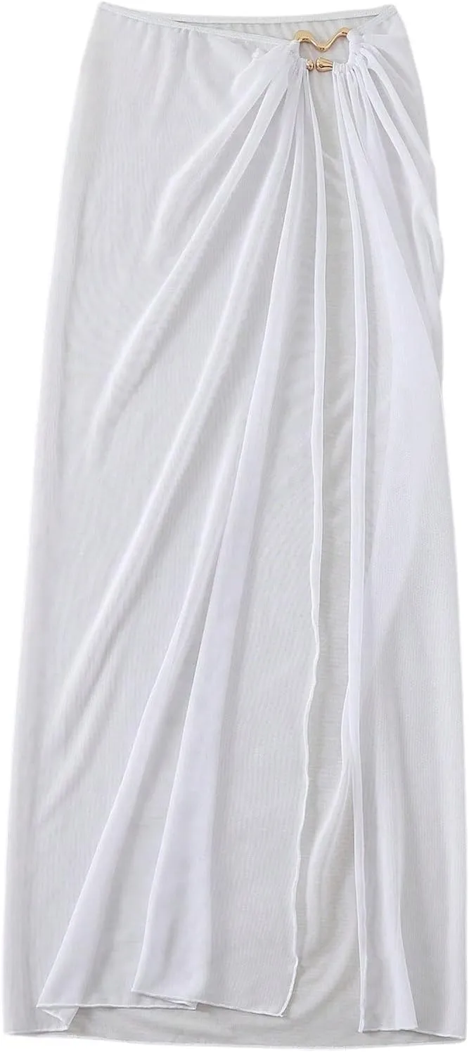 Milumia Women's Ring Linked Mesh Cover Up Maxi Skirt Sexy Sheer Beach Coverup Bodycon Long Skirts
