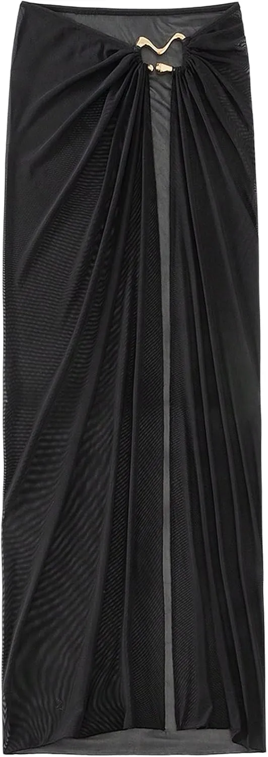 Milumia Women's Ring Linked Mesh Cover Up Maxi Skirt Sexy Sheer Beach Coverup Bodycon Long Skirts