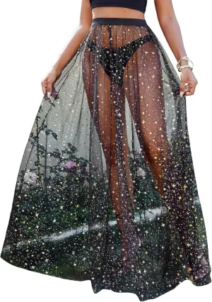 Milumia Women's Sheer Mesh Skirt See Through A Line High Waist Maxi Skirt