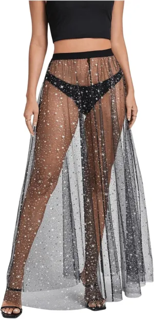 Milumia Women's Sheer Mesh Skirt See Through A Line High Waist Maxi Skirt