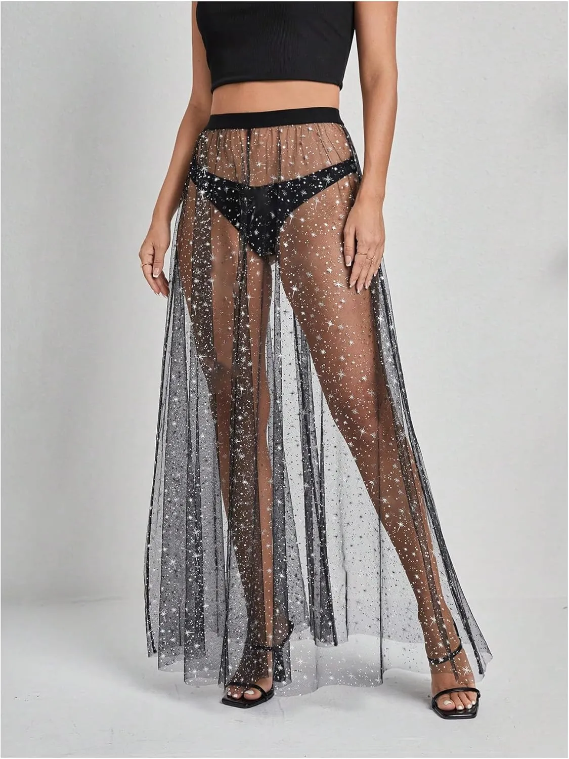 Milumia Women's Sheer Mesh Skirt See Through A Line High Waist Maxi Skirt