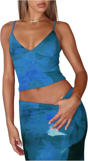 Milumia Women's Vacation Outfit Floral Spaghetti Strap Cami and Bodycon Maxi Skirt Set