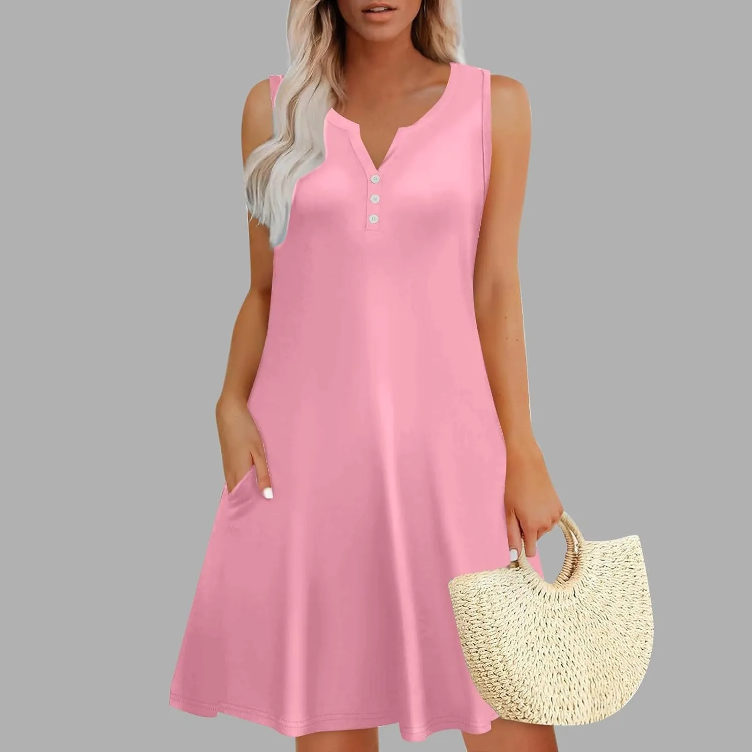 Mini Dresses for Women 2025 Summer Sleeveless V Neck A Line Dress Casual Beach Vacation Sundresses with Pockets