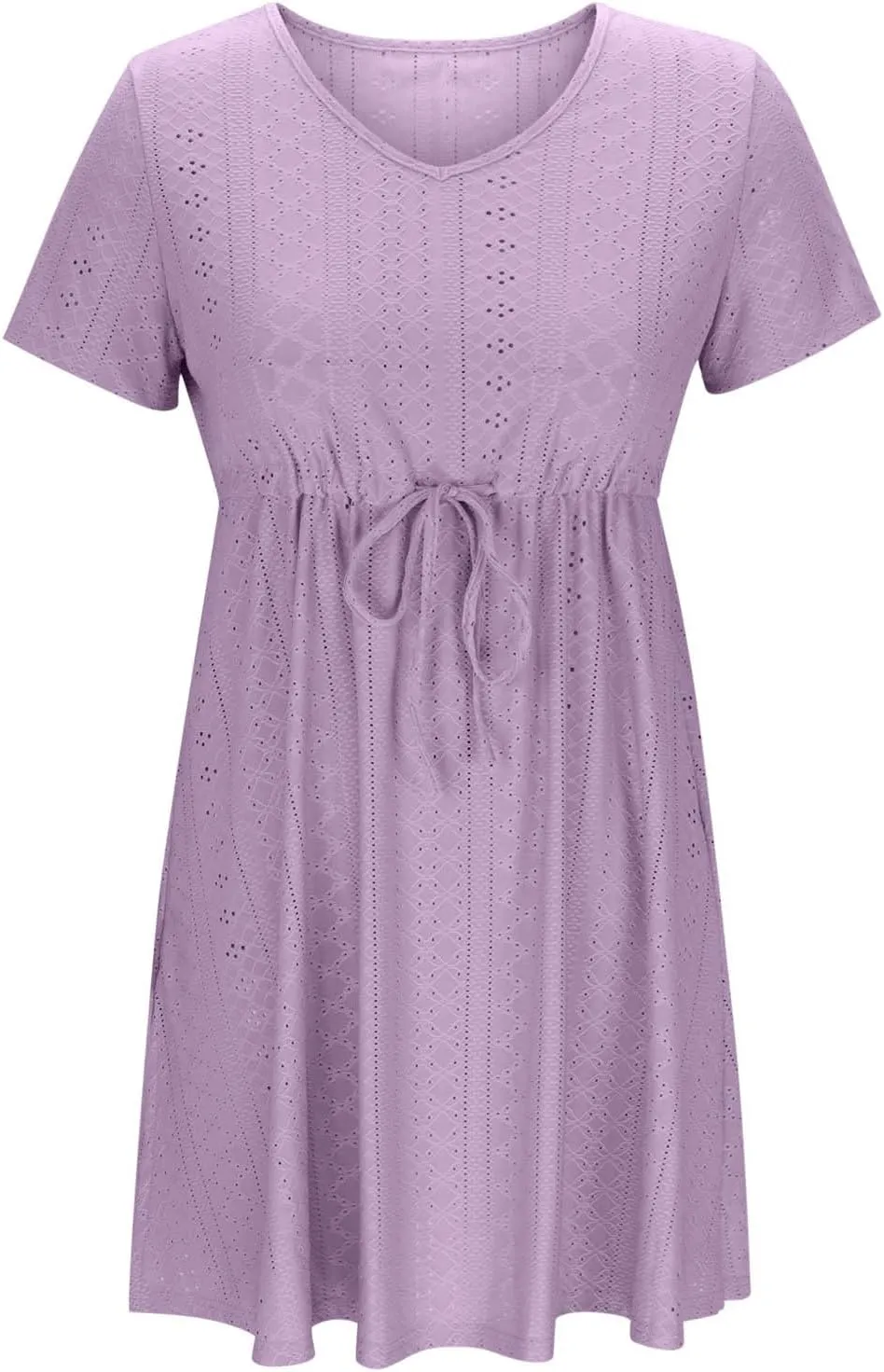 Mini Dresses for Women Casual Split Drawstring Waist Eyelet Dress Comfy Solid Color V Neck Short Sleeve Tunic Dress