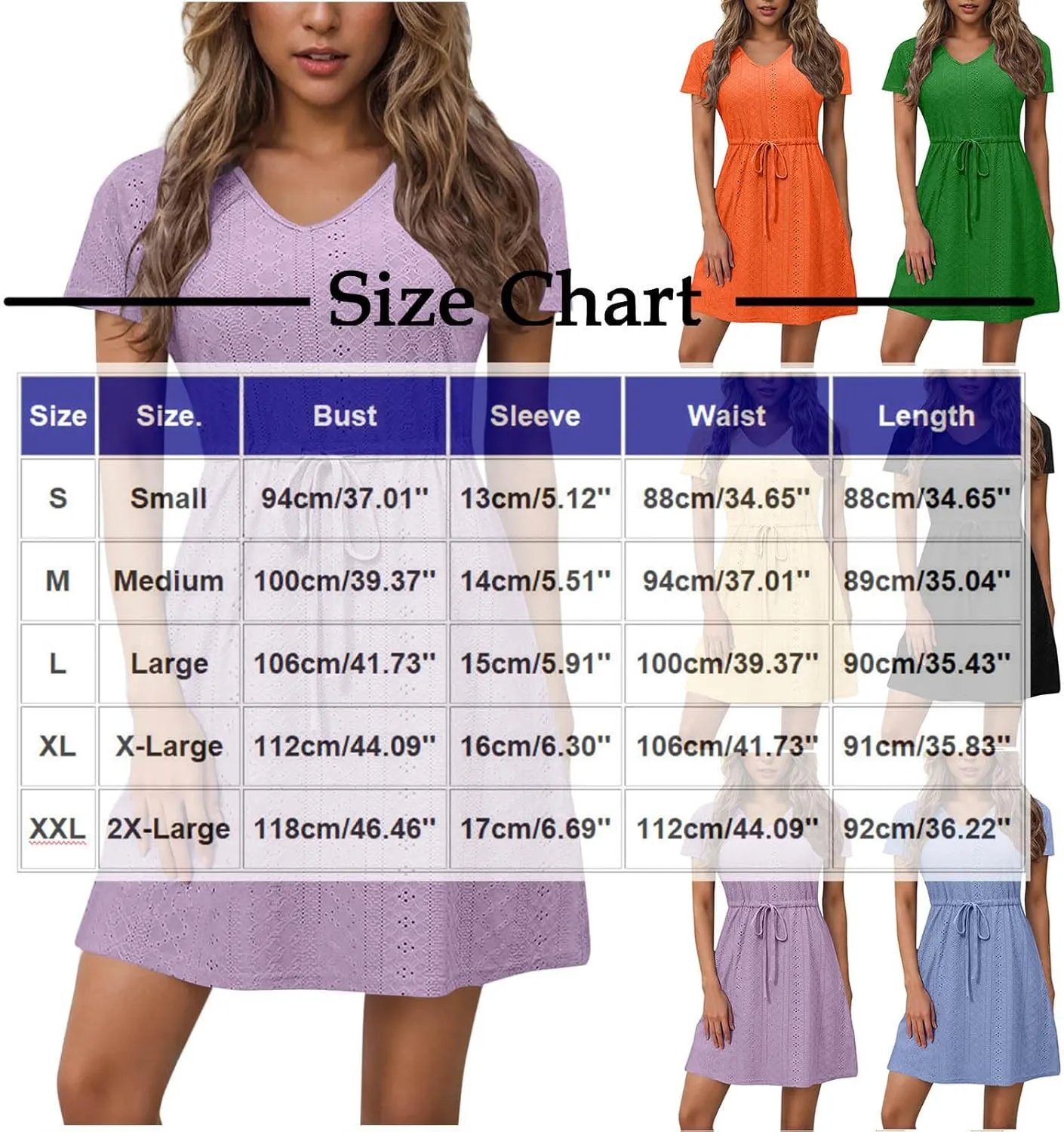 Mini Dresses for Women Casual Split Drawstring Waist Eyelet Dress Comfy Solid Color V Neck Short Sleeve Tunic Dress