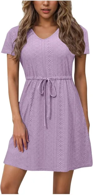 Mini Dresses for Women Casual Split Drawstring Waist Eyelet Dress Comfy Solid Color V Neck Short Sleeve Tunic Dress