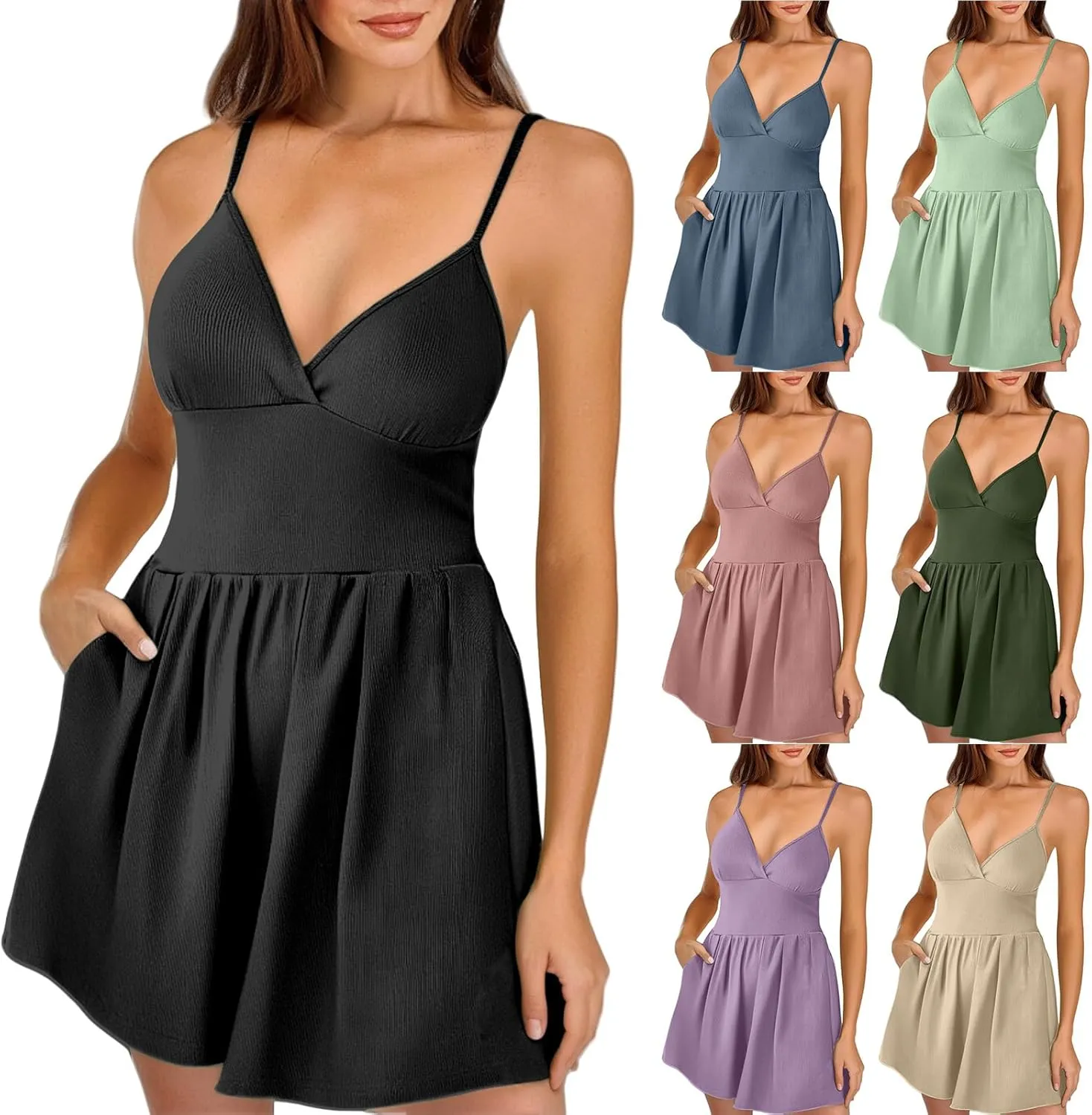 Mini Dresses for Women Sexy V Neck Sleeveless Dresses Spaghetti Strap A Line Cocktail Dress Vacation Beach Dress