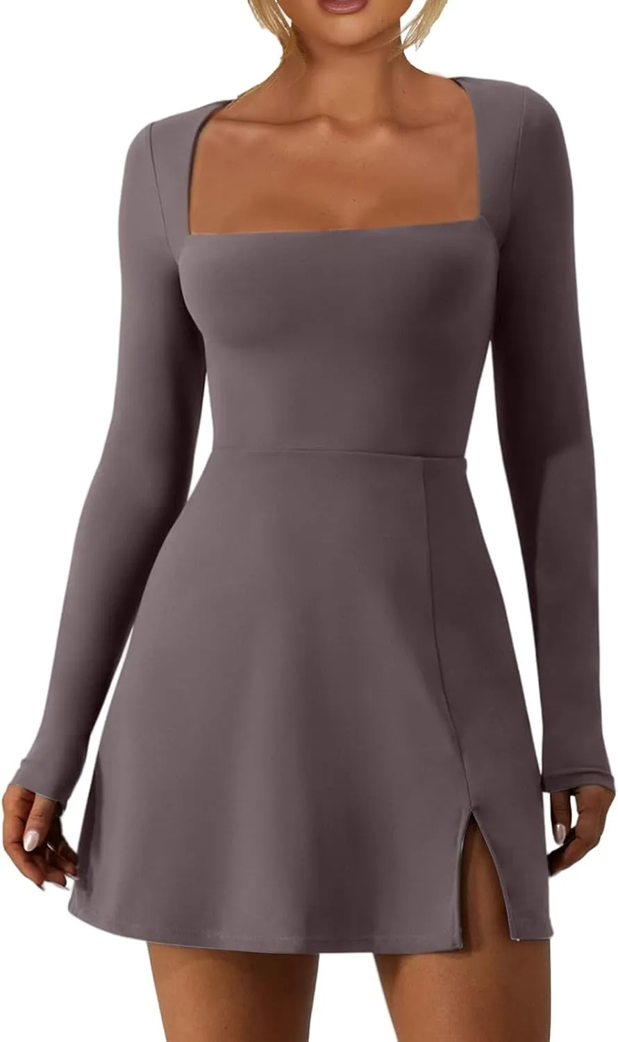 Mini Dresses for Women Square Neck Ruffle Hem Long Sleeve Dress Trendy Solid Color Tie Waisted Club Party Dress