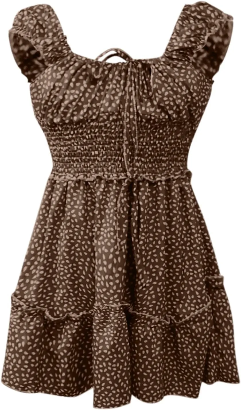 Mini Dresses for Women Summer Casual Floral Boho Sundress Ruffle Short Sleeve Square Neck High Waist Party Sun Dresses