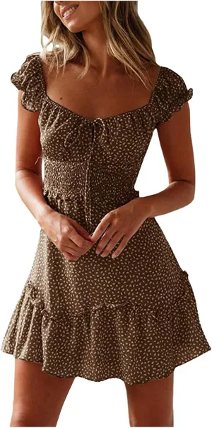 Mini Dresses for Women Summer Casual Floral Boho Sundress Ruffle Short Sleeve Square Neck High Waist Party Sun Dresses