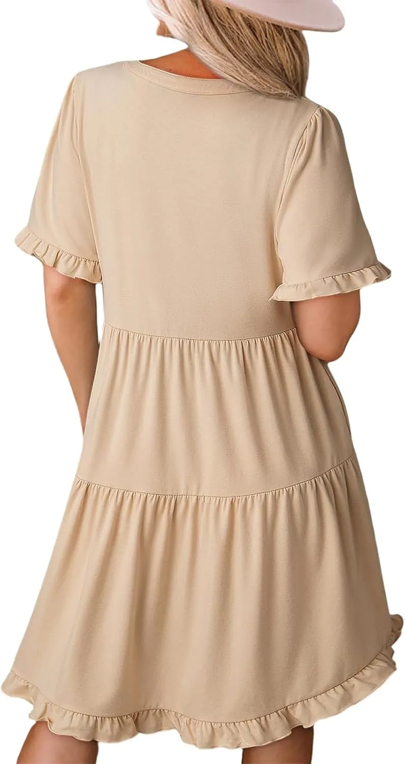 Mini Dresses for Women Summer Casual V Neck Dress Short Sleeve A Line Flowy Swing Shift Dress Plus Size Sundress