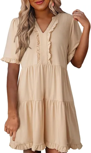Mini Dresses for Women Summer Casual V Neck Dress Short Sleeve A Line Flowy Swing Shift Dress Plus Size Sundress