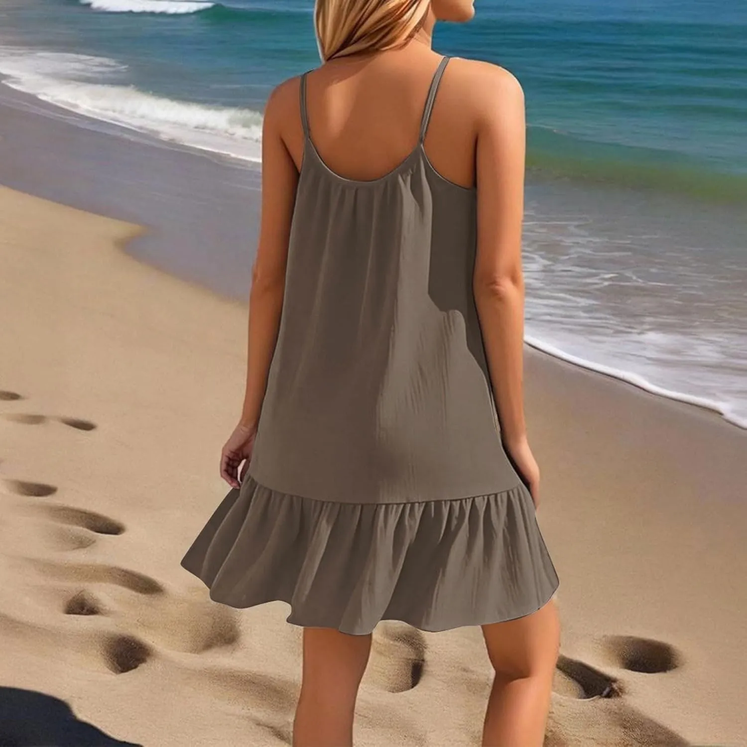 Mini Dresses for Women Summer Sleeveless Spaghetti Straps Tank Dress Loose Boho Beach Tiered Flowy Dress Sundress