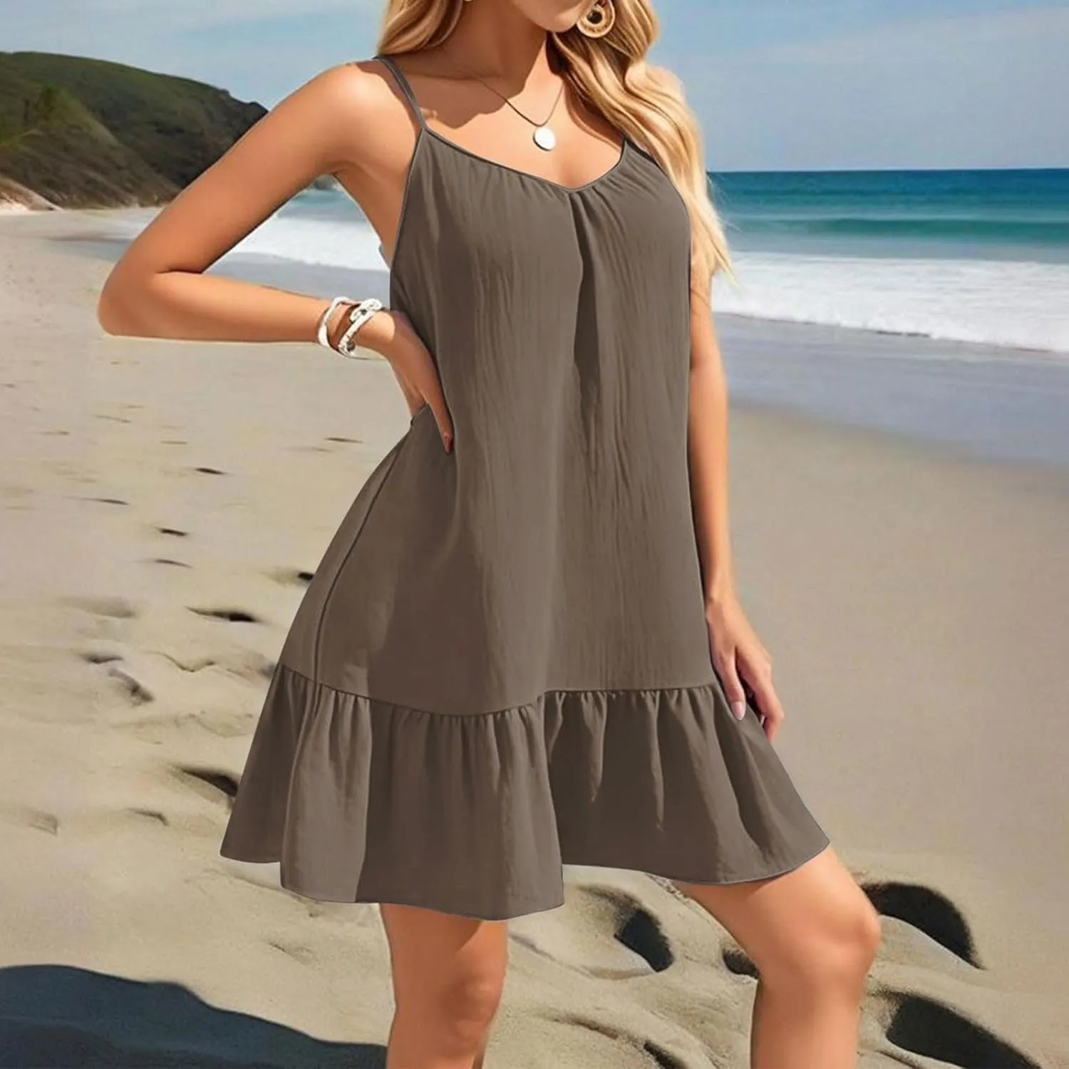 Mini Dresses for Women Summer Sleeveless Spaghetti Straps Tank Dress Loose Boho Beach Tiered Flowy Dress Sundress