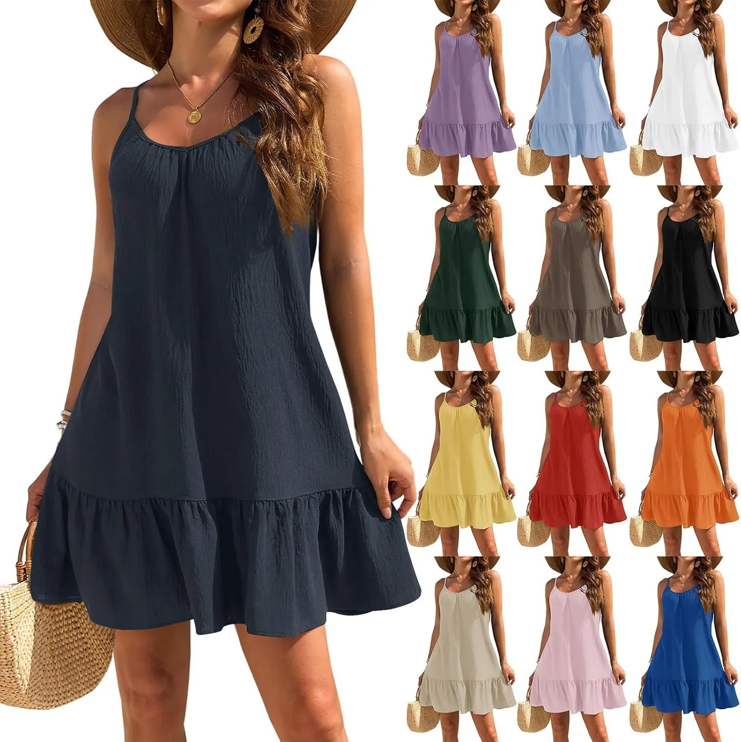 Mini Dresses for Women Summer Sleeveless Spaghetti Straps Tank Dress Loose Boho Beach Tiered Flowy Dress Sundress