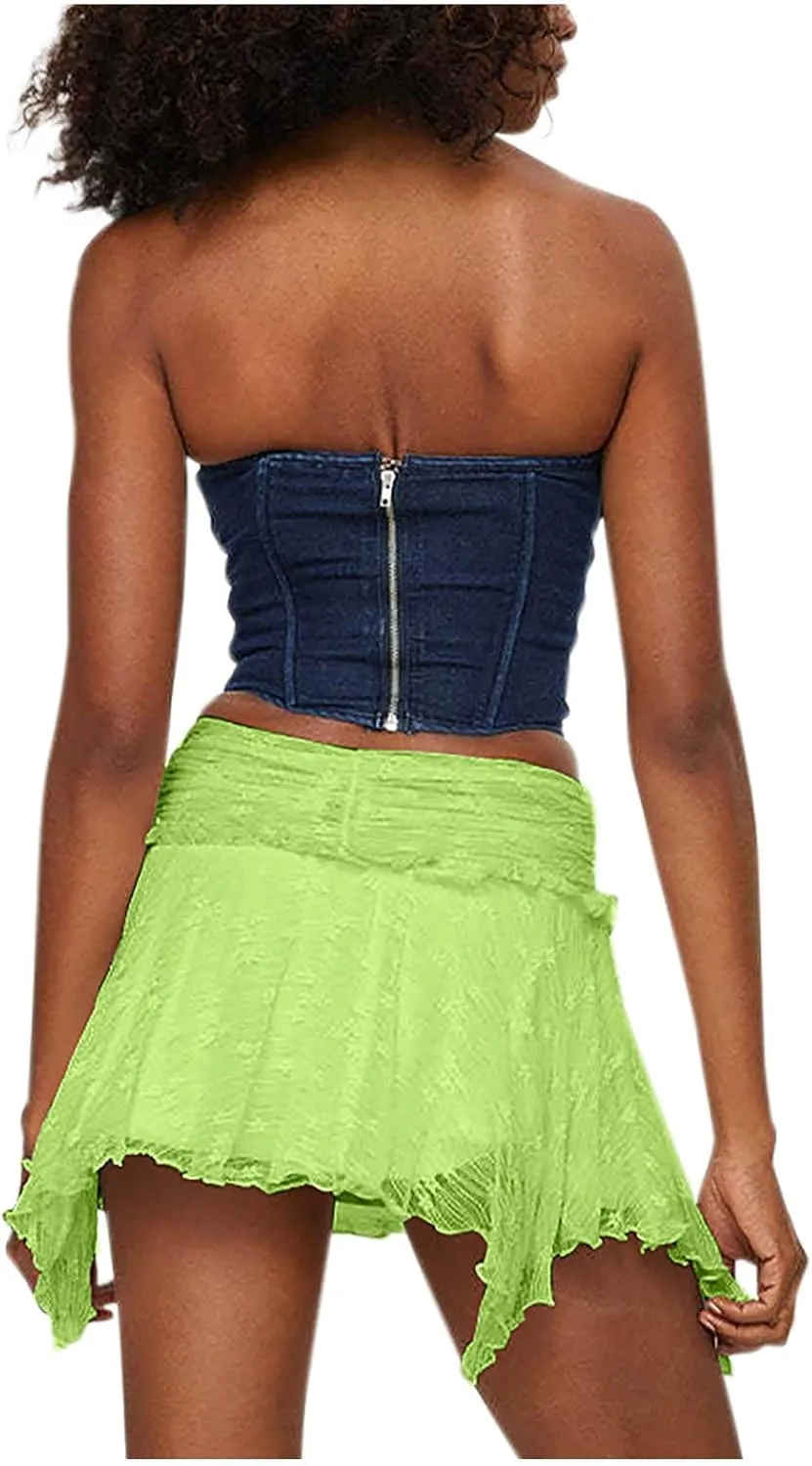 Mini Skirt for Women Solid Sexy Lace Low Rise Layered Pleated Flowy Skirts Casual Fashion Flowy Asymmetrical Skorts