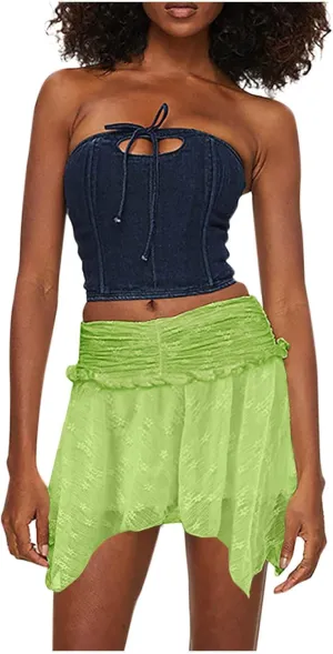Mini Skirt for Women Solid Sexy Lace Low Rise Layered Pleated Flowy Skirts Casual Fashion Flowy Asymmetrical Skorts