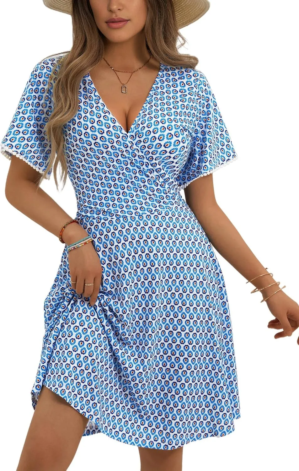 MSBASIC Women's Summer Dress Floral Short Sleeve Wrap V Neck Midi Sun Dresses for Vacation with Pocket