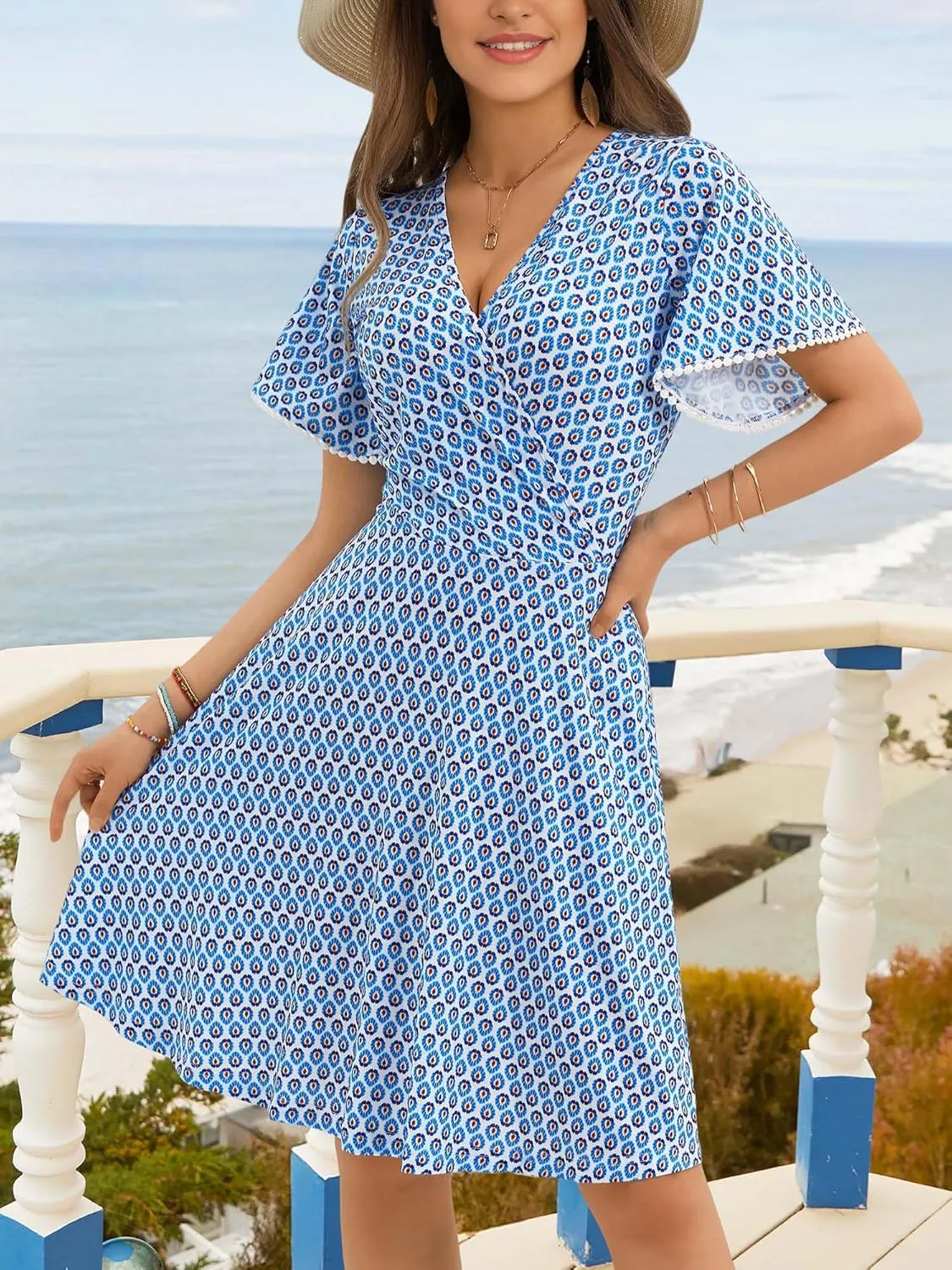 MSBASIC Women's Summer Dress Floral Short Sleeve Wrap V Neck Midi Sun Dresses for Vacation with Pocket