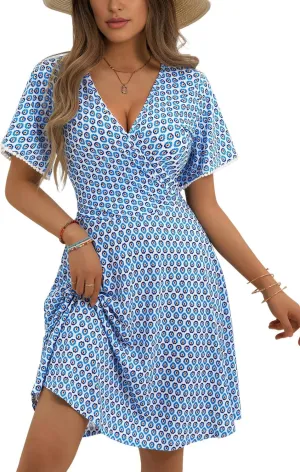 MSBASIC Women's Summer Dress Floral Short Sleeve Wrap V Neck Midi Sun Dresses for Vacation with Pocket