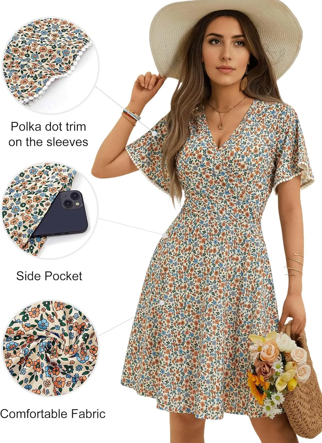 MSBASIC Women's Summer Dress Floral Short Sleeve Wrap V Neck Midi Sun Dresses for Vacation with Pocket