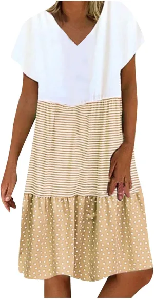 NaRHbrg Women's Casual V Neck Loose Fit Patchwork Dress Short Sleeve Boho Striped Polka Dot Summer Swing Dresses Sundress