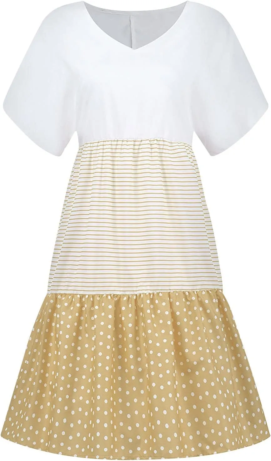 NaRHbrg Women's Casual V Neck Loose Fit Patchwork Dress Short Sleeve Boho Striped Polka Dot Summer Swing Dresses Sundress