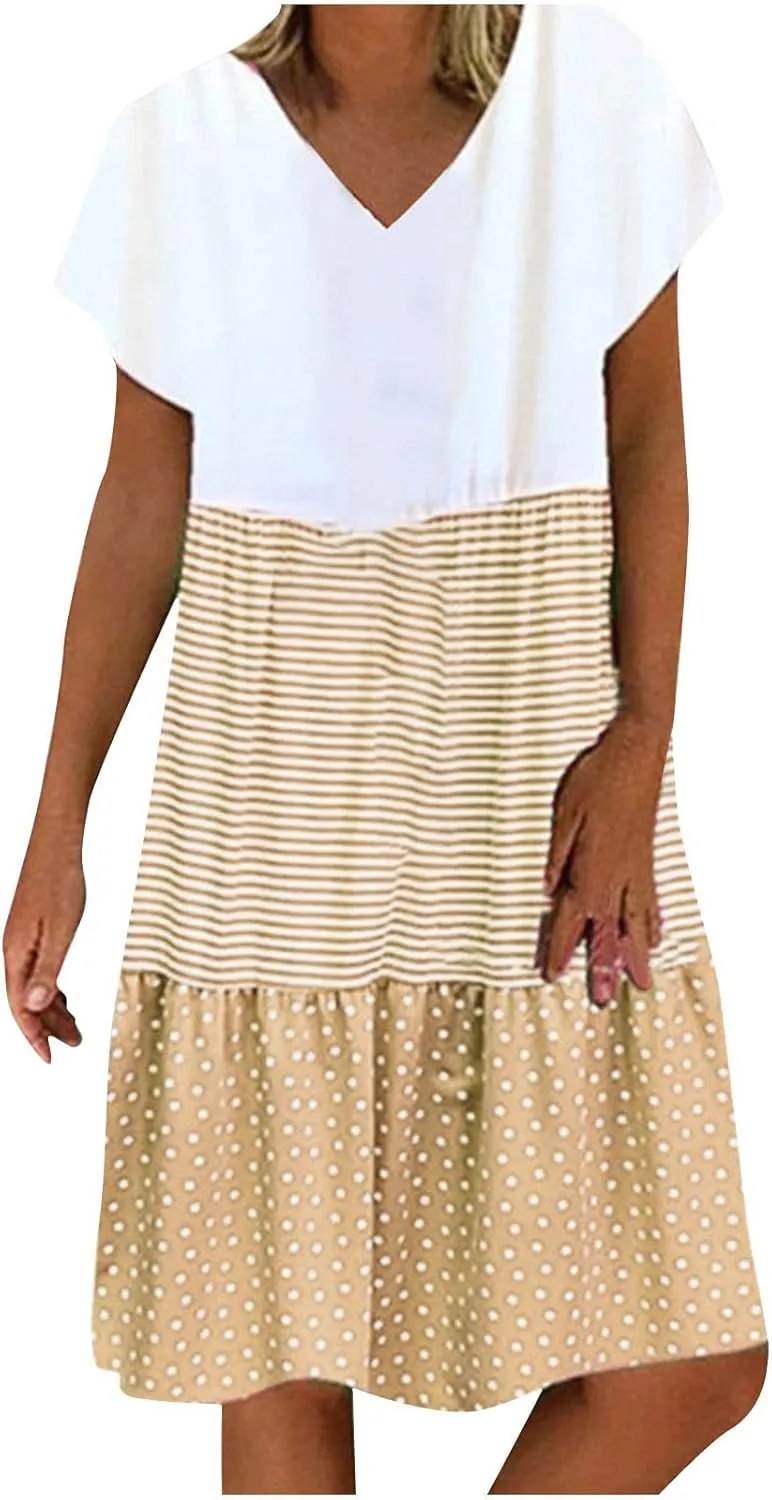 NaRHbrg Women's Casual V Neck Loose Fit Patchwork Dress Short Sleeve Boho Striped Polka Dot Summer Swing Dresses Sundress