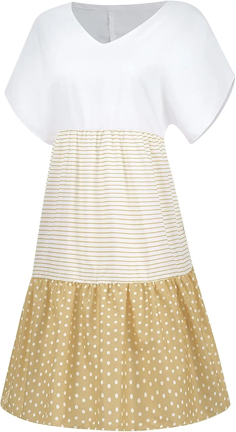 NaRHbrg Women's Casual V Neck Loose Fit Patchwork Dress Short Sleeve Boho Striped Polka Dot Summer Swing Dresses Sundress