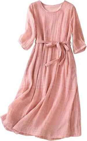 NaRHbrg Women's Flowy Cotton Dress Long Sleeve Loose Fit A Line Sundress Elegant Boho Maxi Dresses for Beach Wedding Party